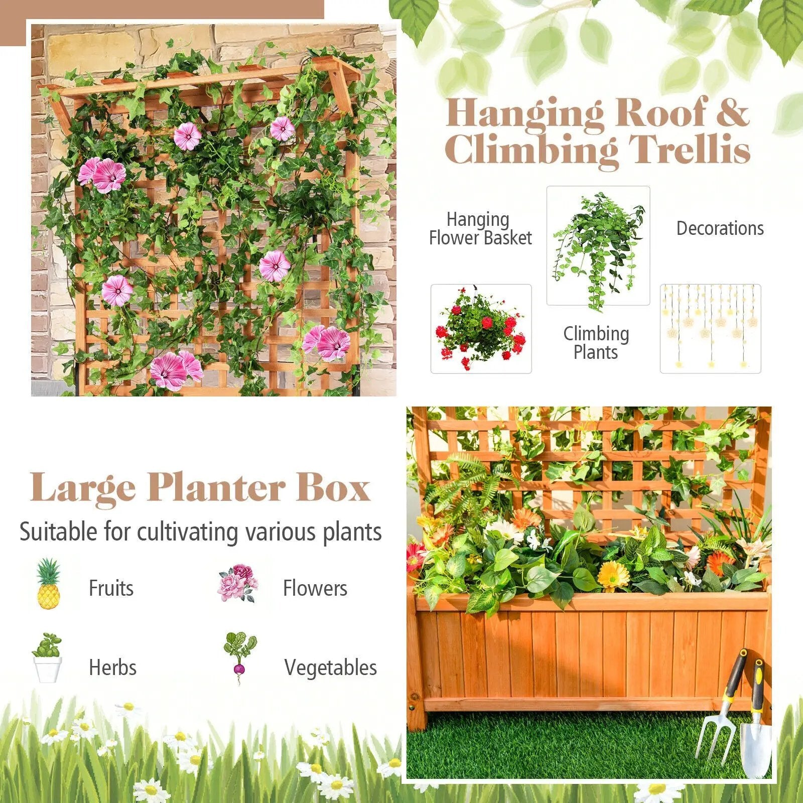 Raised Garden Bed with Trellis and Hanging Roof-Natural by DirectDeals