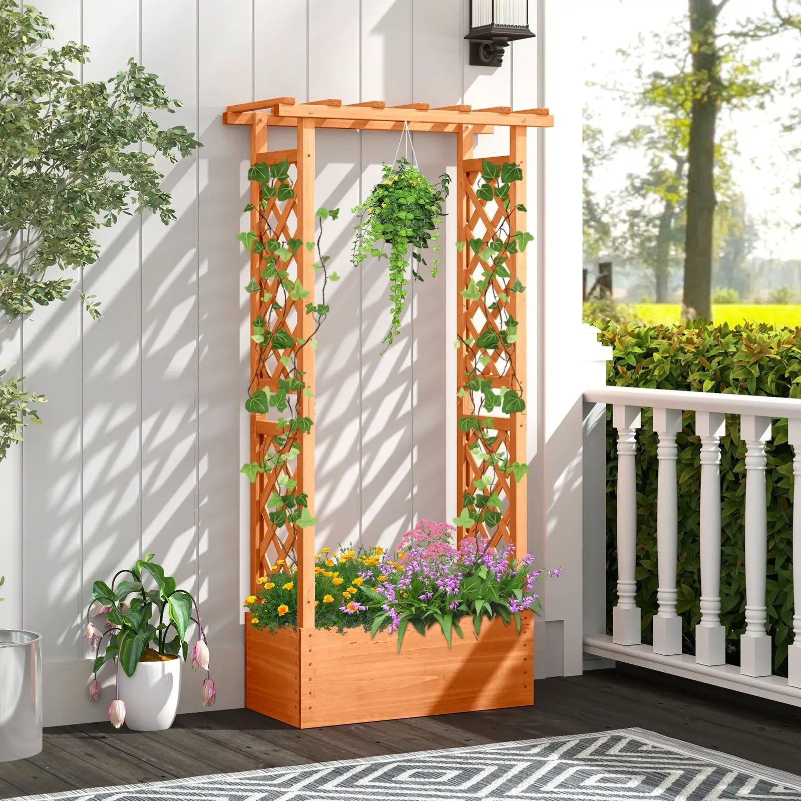 Raised Garden Bed with Side Trellis and Hanging Roof and Drainage Hole-Orange by DirectDeals