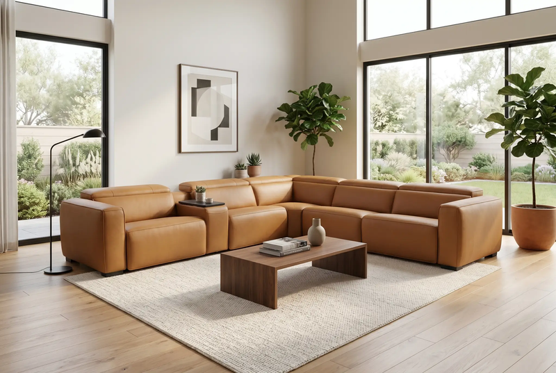 Rally Pro Caramel 6-Piece Power Reclining Sectional with Console and Immersive Sound System by Ornate Furniture