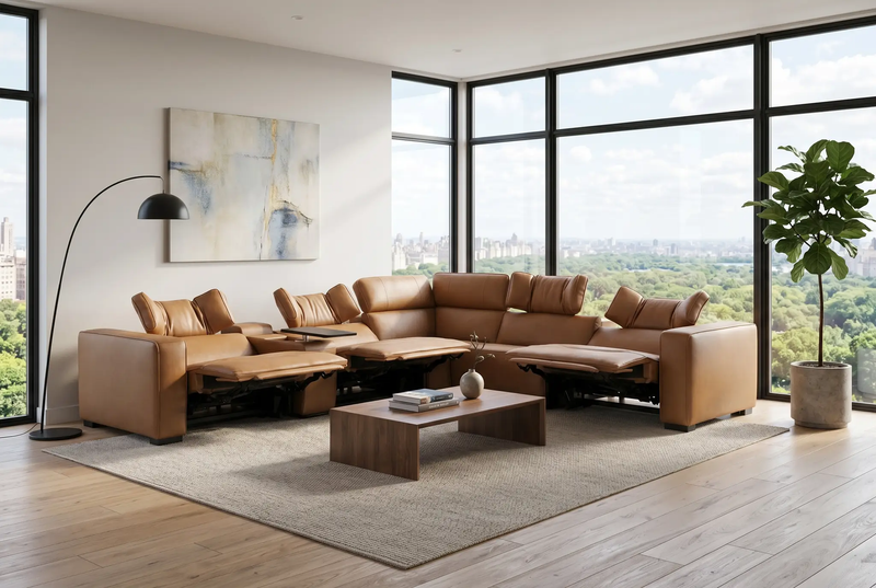 Rally Pro Caramel 6-Piece Power Reclining Sectional with Console and Immersive Sound System by Ornate Furniture