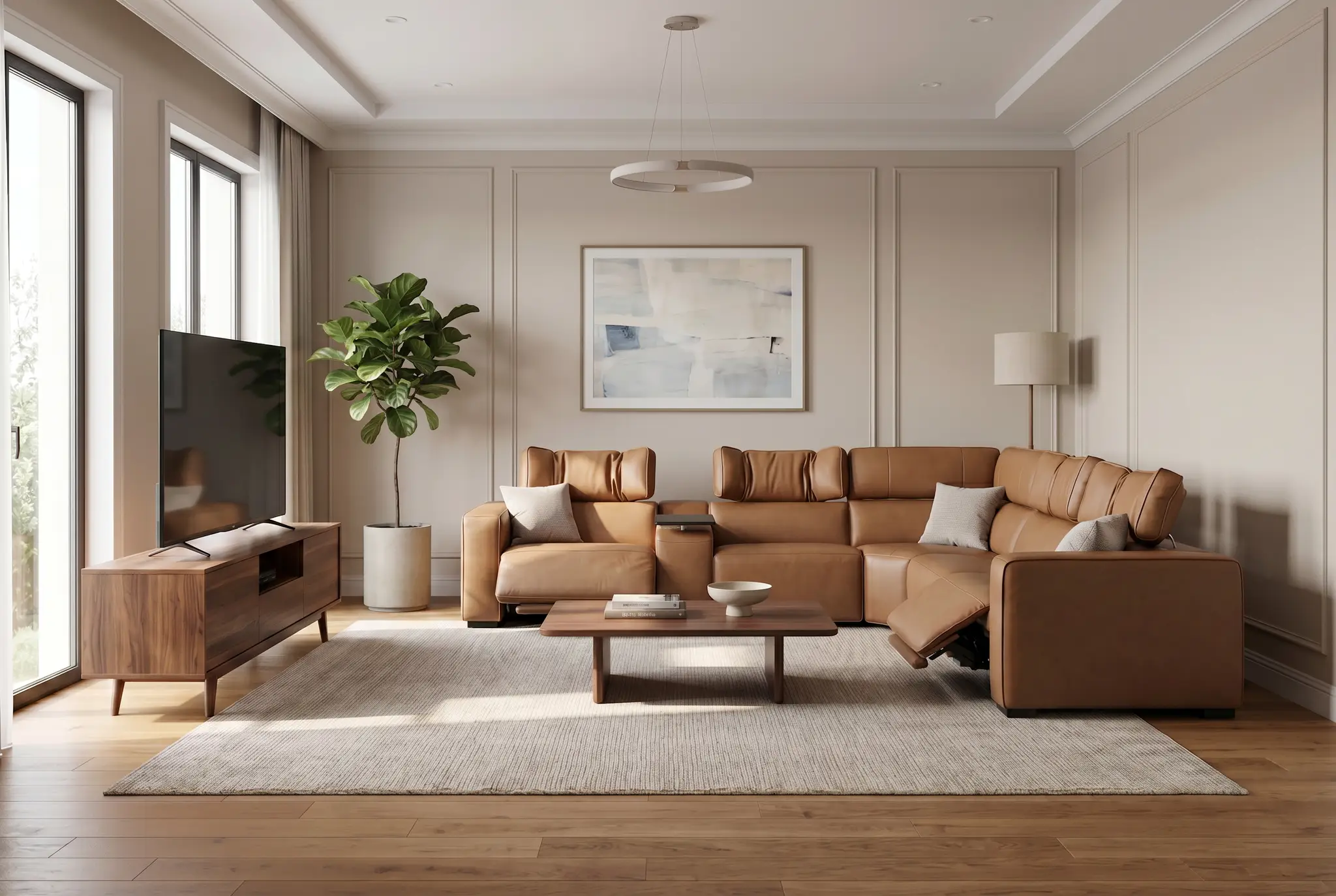 Rally Pro Caramel 6-Piece Power Reclining Sectional with Console and Immersive Sound System by Ornate Furniture