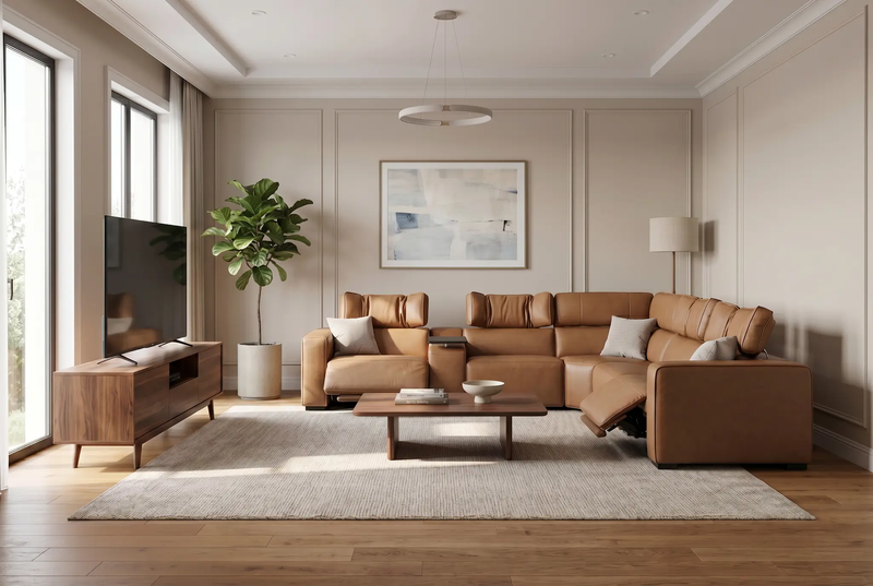 Rally Pro Caramel 6-Piece Power Reclining Sectional with Console and Immersive Sound System by Ornate Furniture