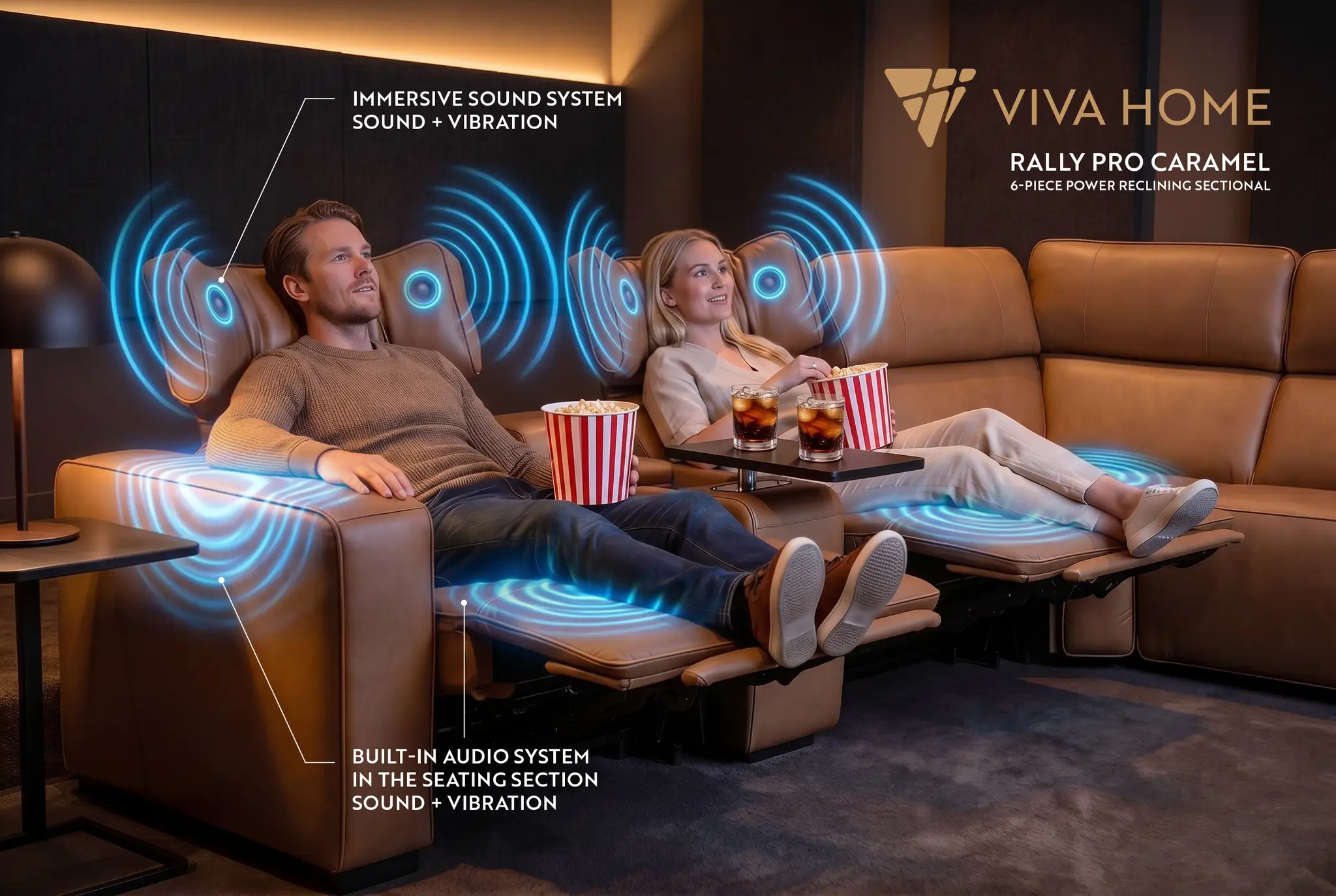 Rally Pro Caramel 6-Piece Power Reclining Sectional with Console and Immersive Sound System by Ornate Furniture