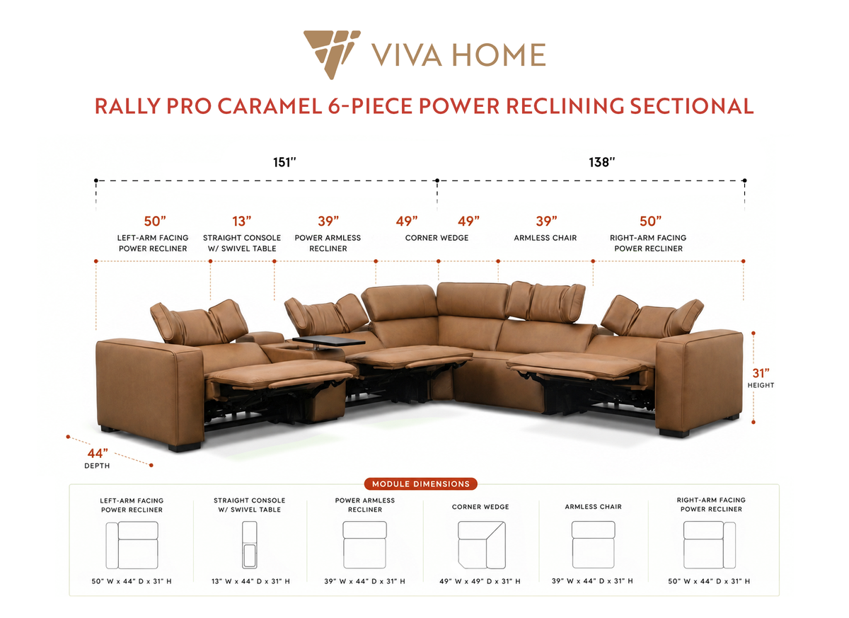 Rally Pro Caramel 6-Piece Power Reclining Sectional with Console and Immersive Sound System, photo 22 of 22