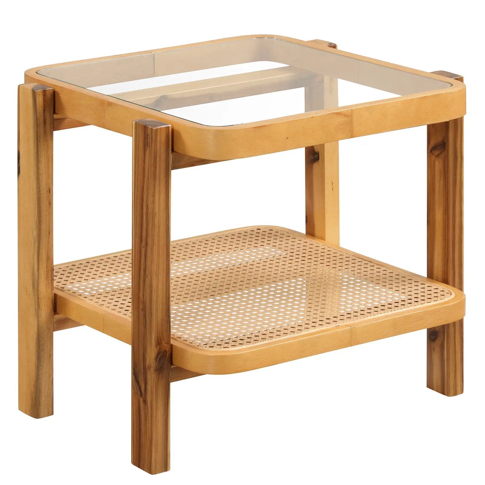 Rattan 2-Tier End Side Table with Tempered Glass Top Acacia Wood Legs-Brown by DirectDeals