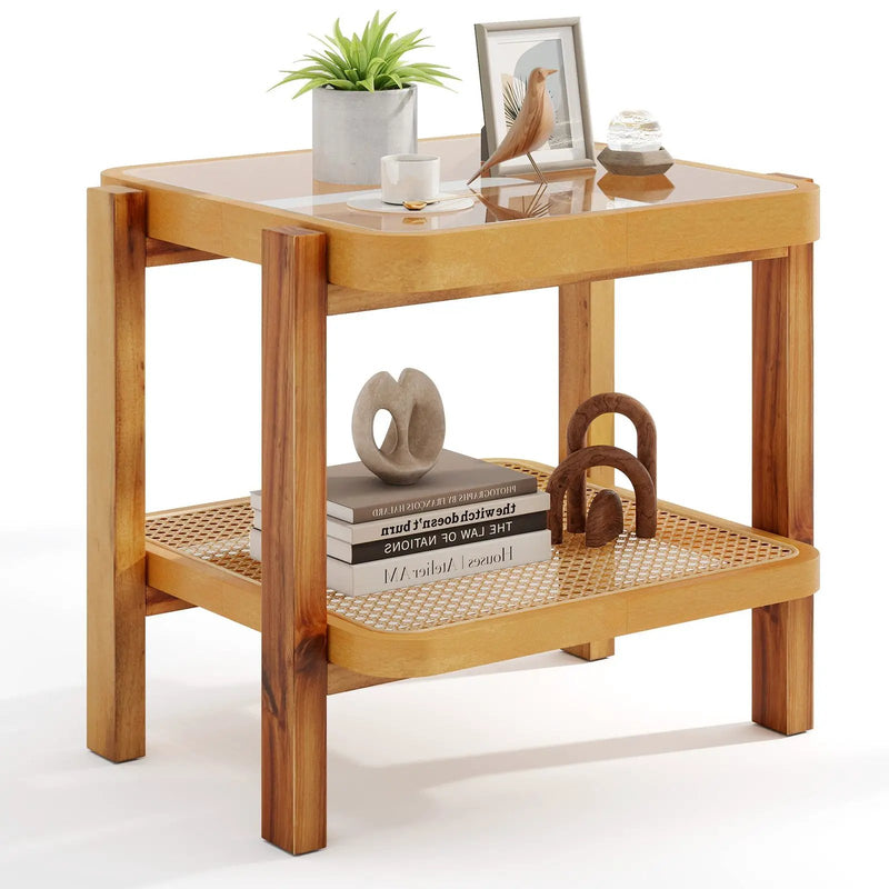 Rattan 2-Tier End Side Table with Tempered Glass Top Acacia Wood Legs-Brown by DirectDeals