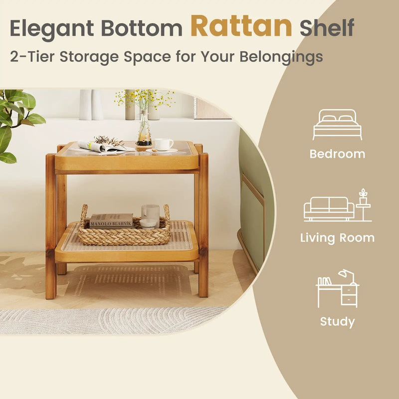 Rattan 2-Tier End Side Table with Tempered Glass Top Acacia Wood Legs-Brown by DirectDeals