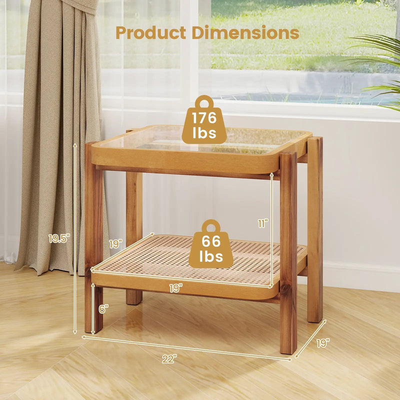 Rattan 2-Tier End Side Table with Tempered Glass Top Acacia Wood Legs-Brown by DirectDeals