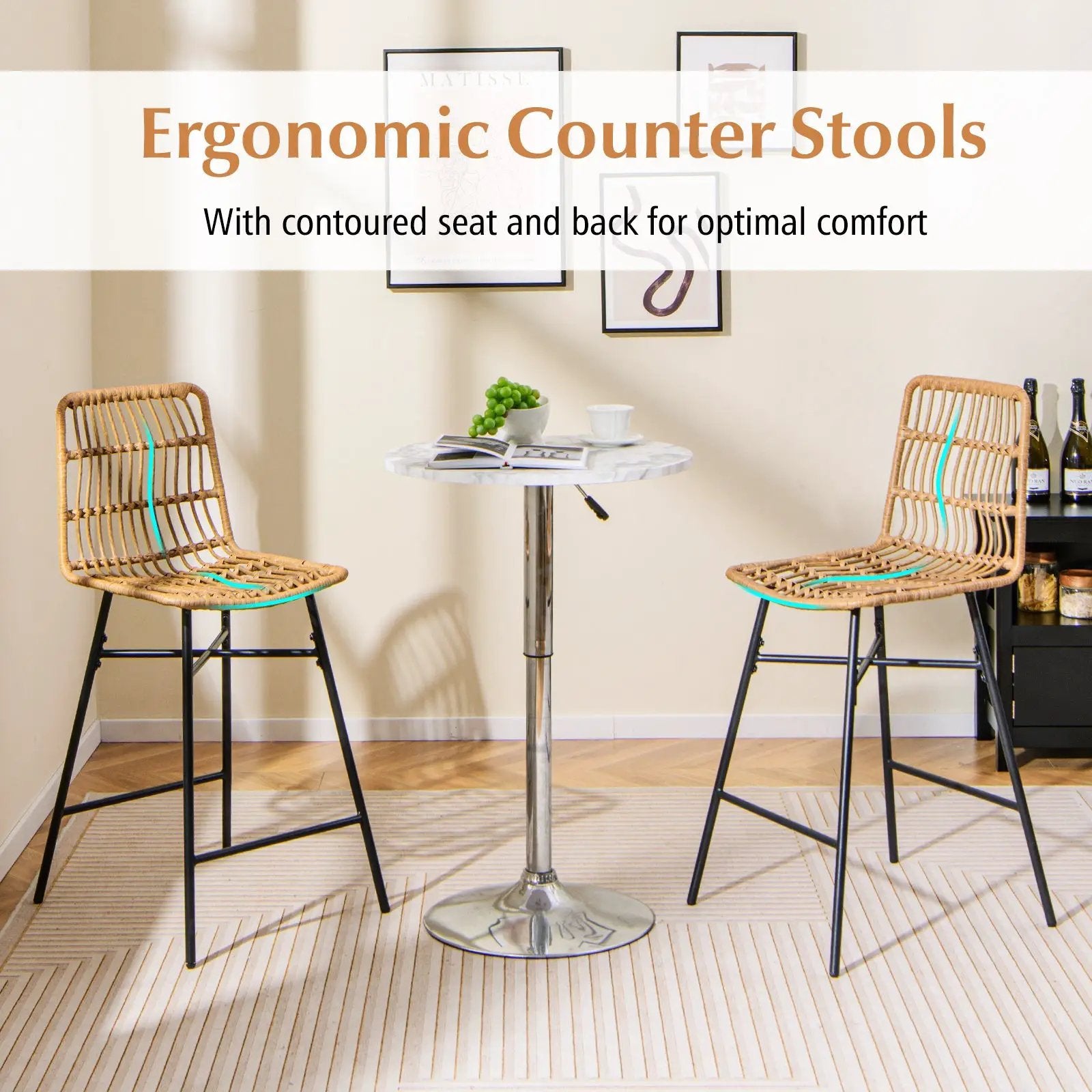 Set of 2 Rattan Bar Stools with Sturdy Metal Frame-Yellow by DirectDeals