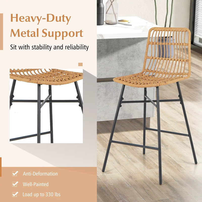 Set of 2 Rattan Bar Stools with Sturdy Metal Frame-Yellow by DirectDeals