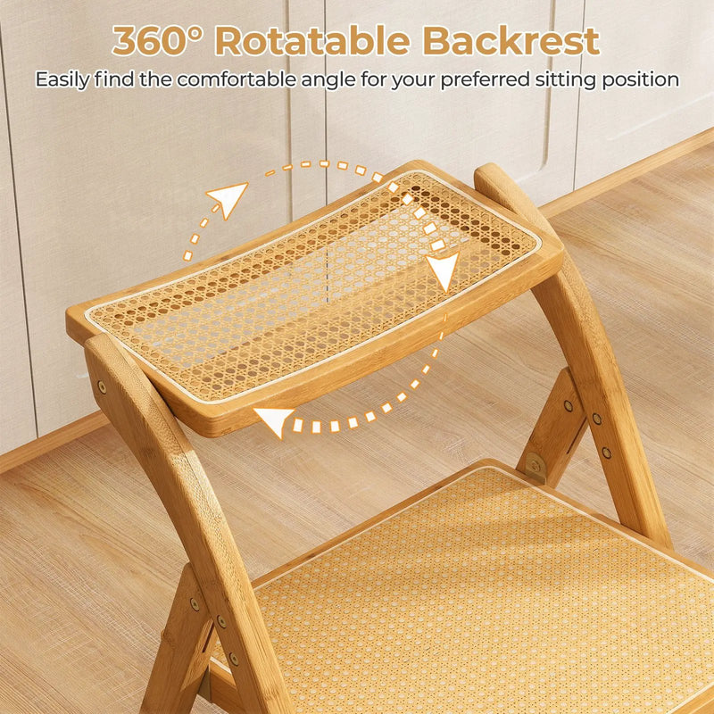 Rattan Cane Folding Dining Chairs Set of 2 with Rotatable Backrests-Natural by DirectDeals