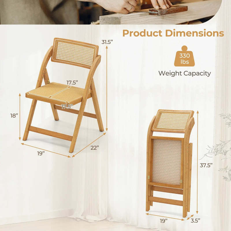 Rattan Cane Folding Dining Chairs Set of 2 with Rotatable Backrests-Natural by DirectDeals