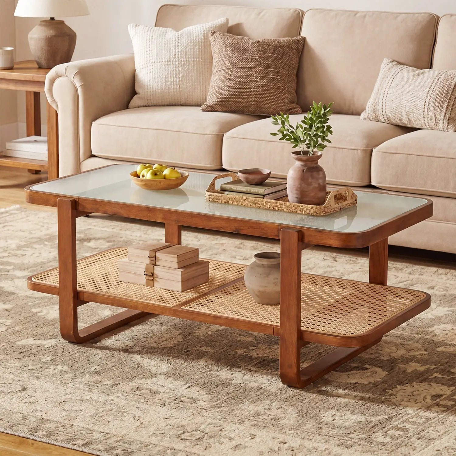 Rattan Coffee Table with Tempered Glass Top and Storage Shelf by DirectDeals