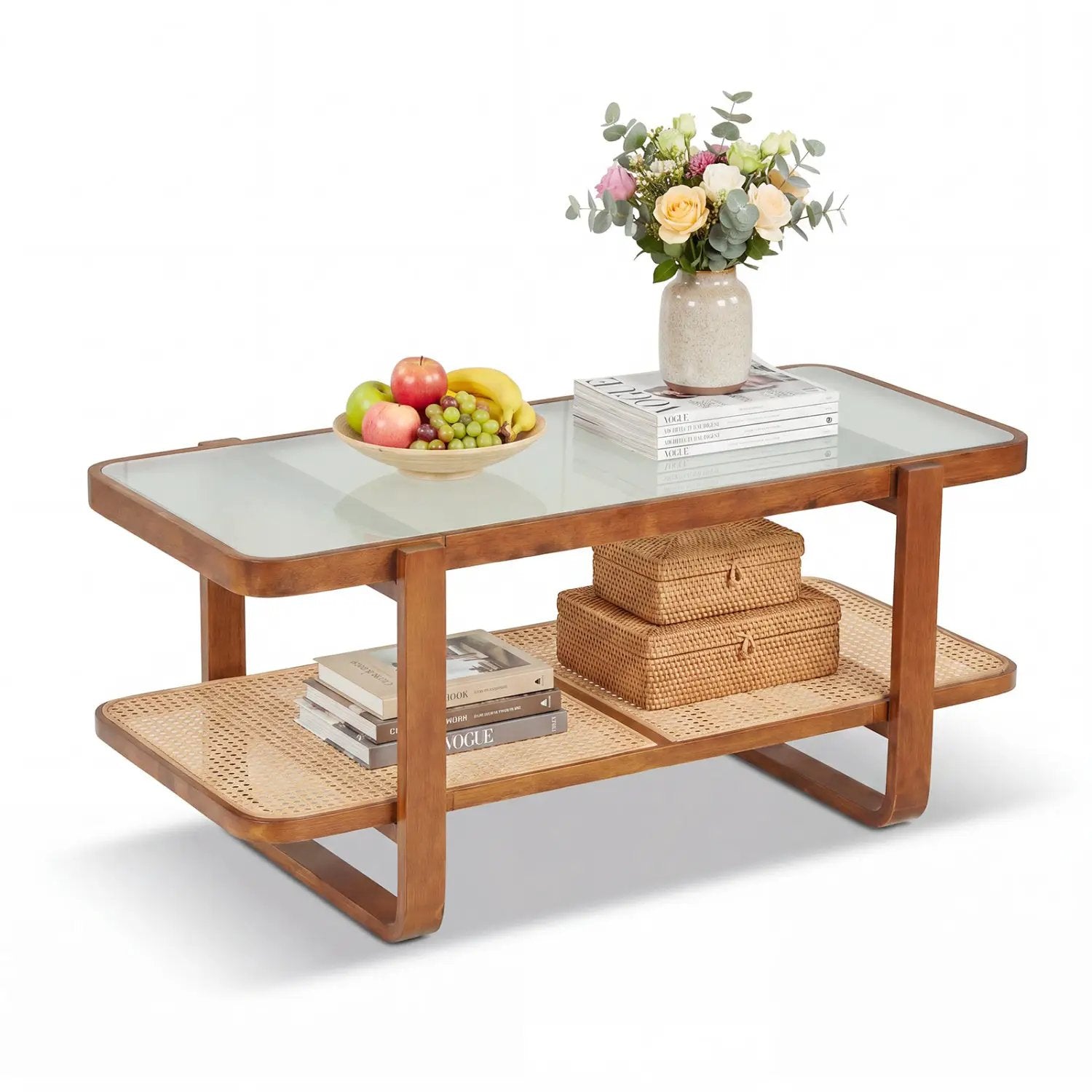 Rattan Coffee Table with Tempered Glass Top and Storage Shelf by DirectDeals