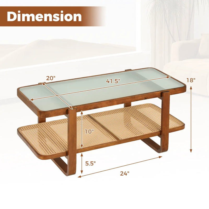 Rattan Coffee Table with Tempered Glass Top and Storage Shelf by DirectDeals