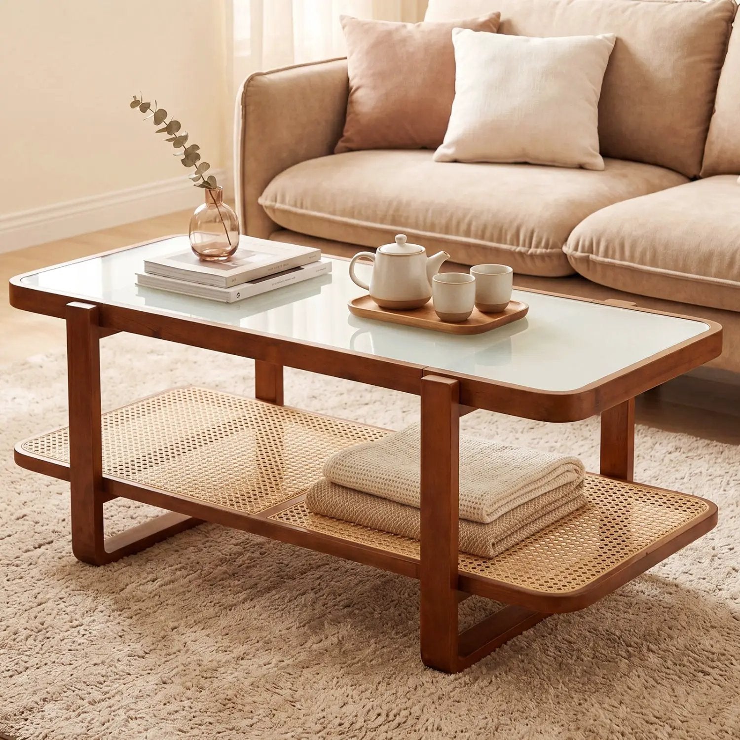 Rattan Coffee Table with Tempered Glass Top and Storage Shelf by DirectDeals