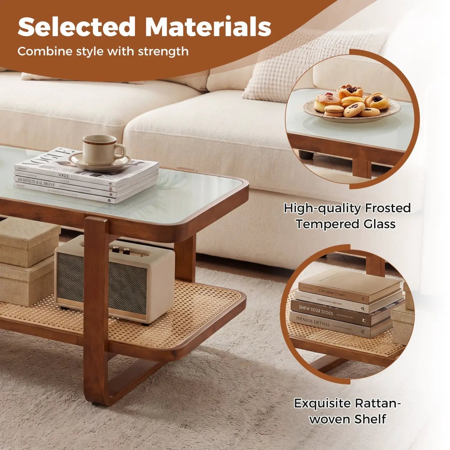 Rattan Coffee Table with Tempered Glass Top and Storage Shelf by DirectDeals