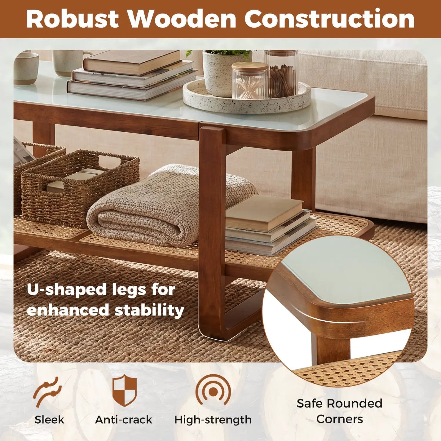 Rattan Coffee Table with Tempered Glass Top and Storage Shelf by DirectDeals