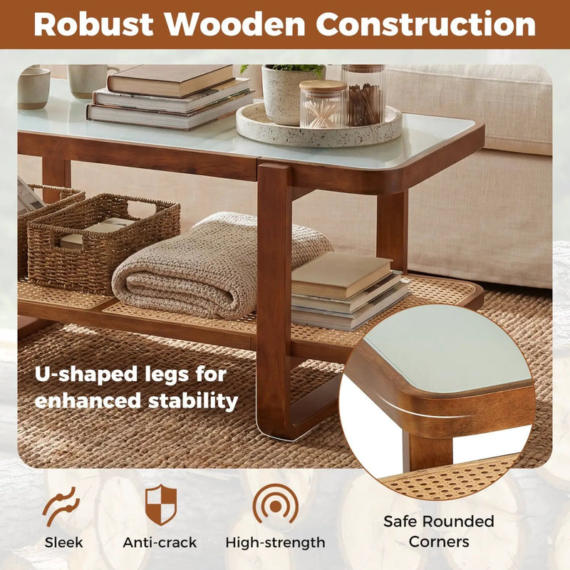 Rattan Coffee Table with Tempered Glass Top and Storage Shelf by DirectDeals