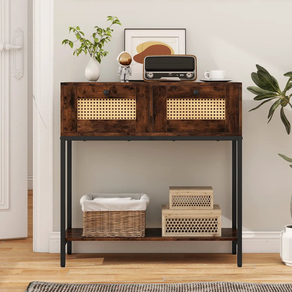 Rattan Console Table Boho Entryway Table with 2 Rattan Drawers and Open Storage Shelf by DirectDeals