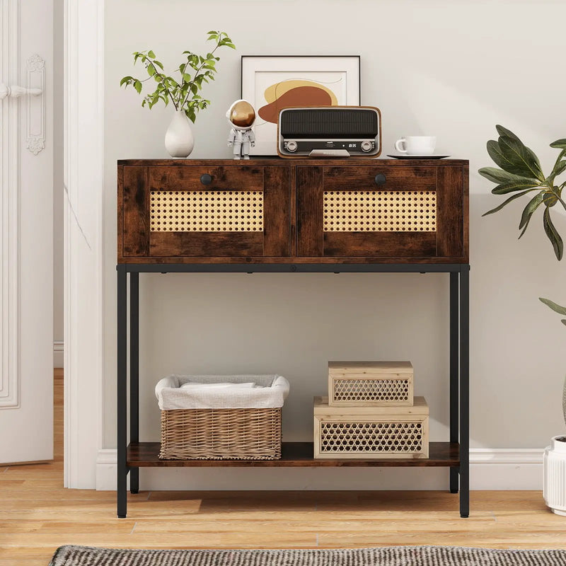 Rattan Console Table Boho Entryway Table with 2 Rattan Drawers and Open Storage Shelf by DirectDeals
