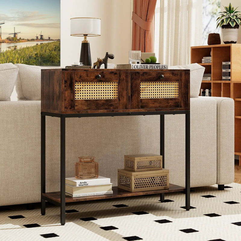 Rattan Console Table Boho Entryway Table with 2 Rattan Drawers and Open Storage Shelf by DirectDeals