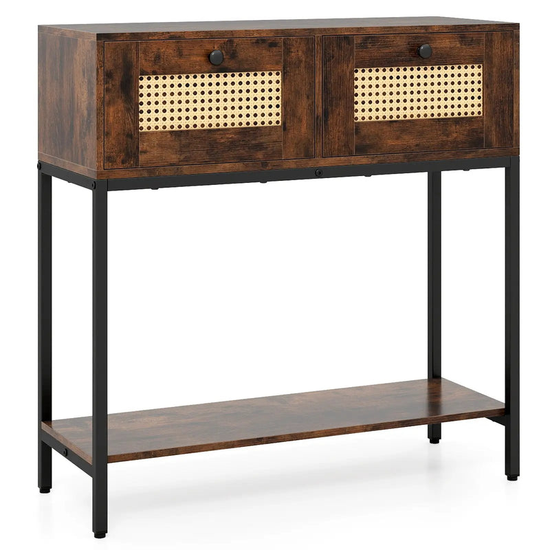Rattan Console Table Boho Entryway Table with 2 Rattan Drawers and Open Storage Shelf by DirectDeals