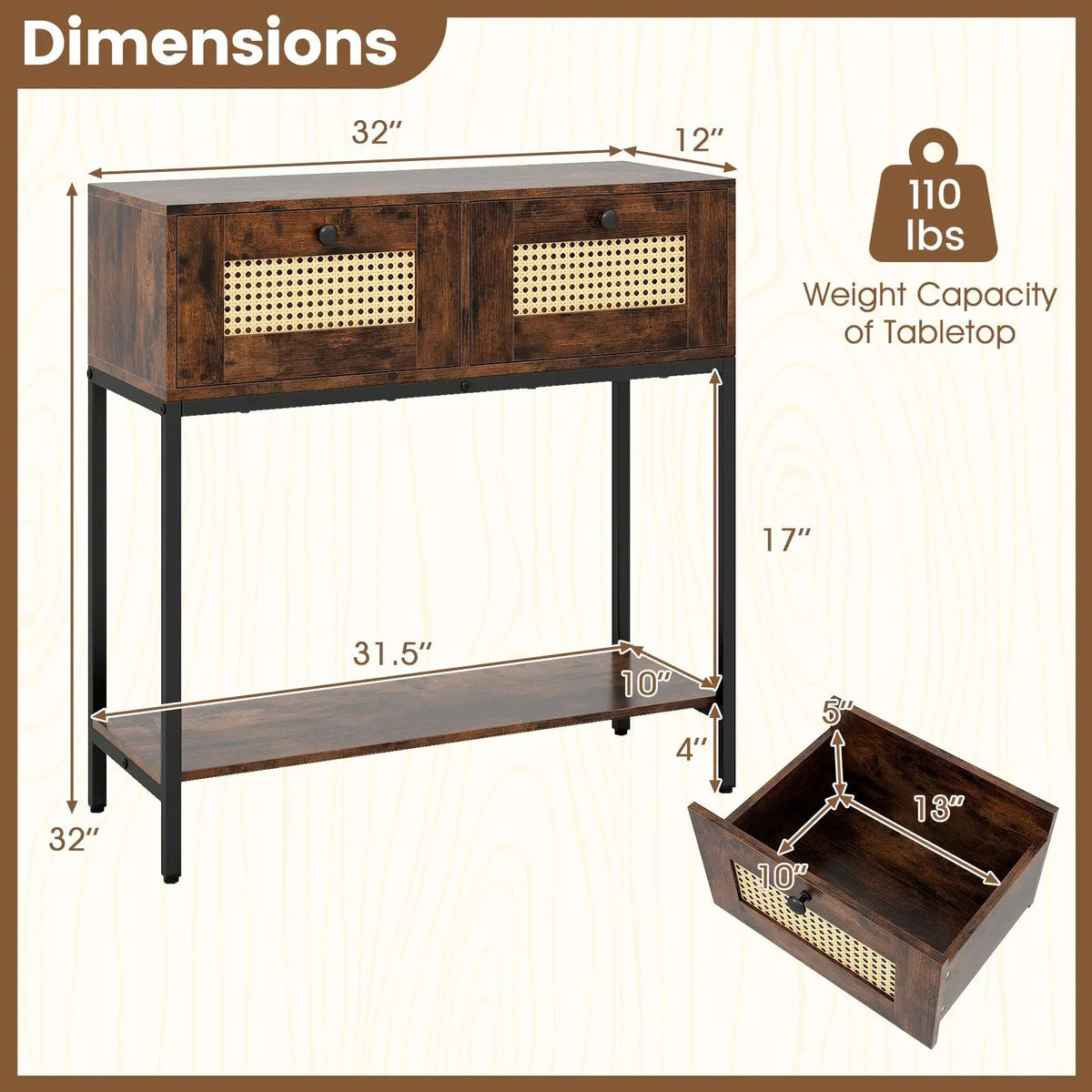 Rattan Console Table Boho Entryway Table with 2 Rattan Drawers and Open Storage Shelf by DirectDeals