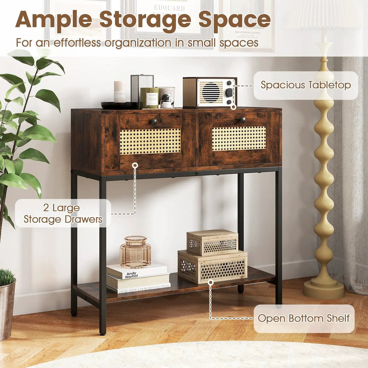 Rattan Console Table Boho Entryway Table with 2 Rattan Drawers and Open Storage Shelf by DirectDeals