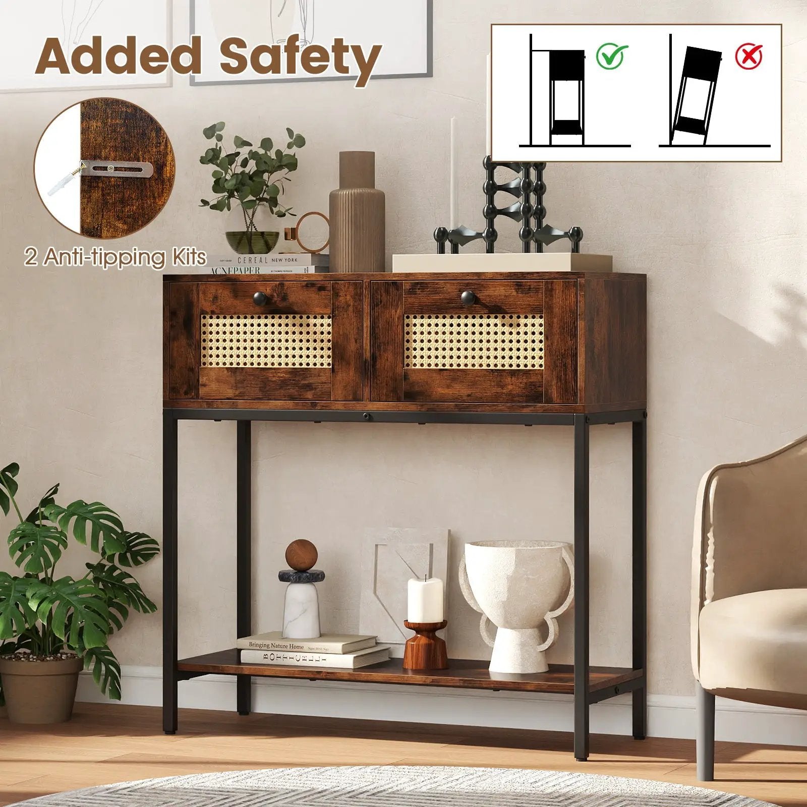 Rattan Console Table Boho Entryway Table with 2 Rattan Drawers and Open Storage Shelf by DirectDeals