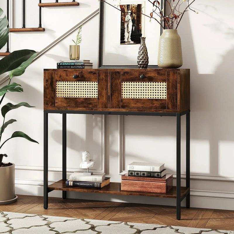 Rattan Console Table Boho Entryway Table with 2 Rattan Drawers and Open Storage Shelf by DirectDeals