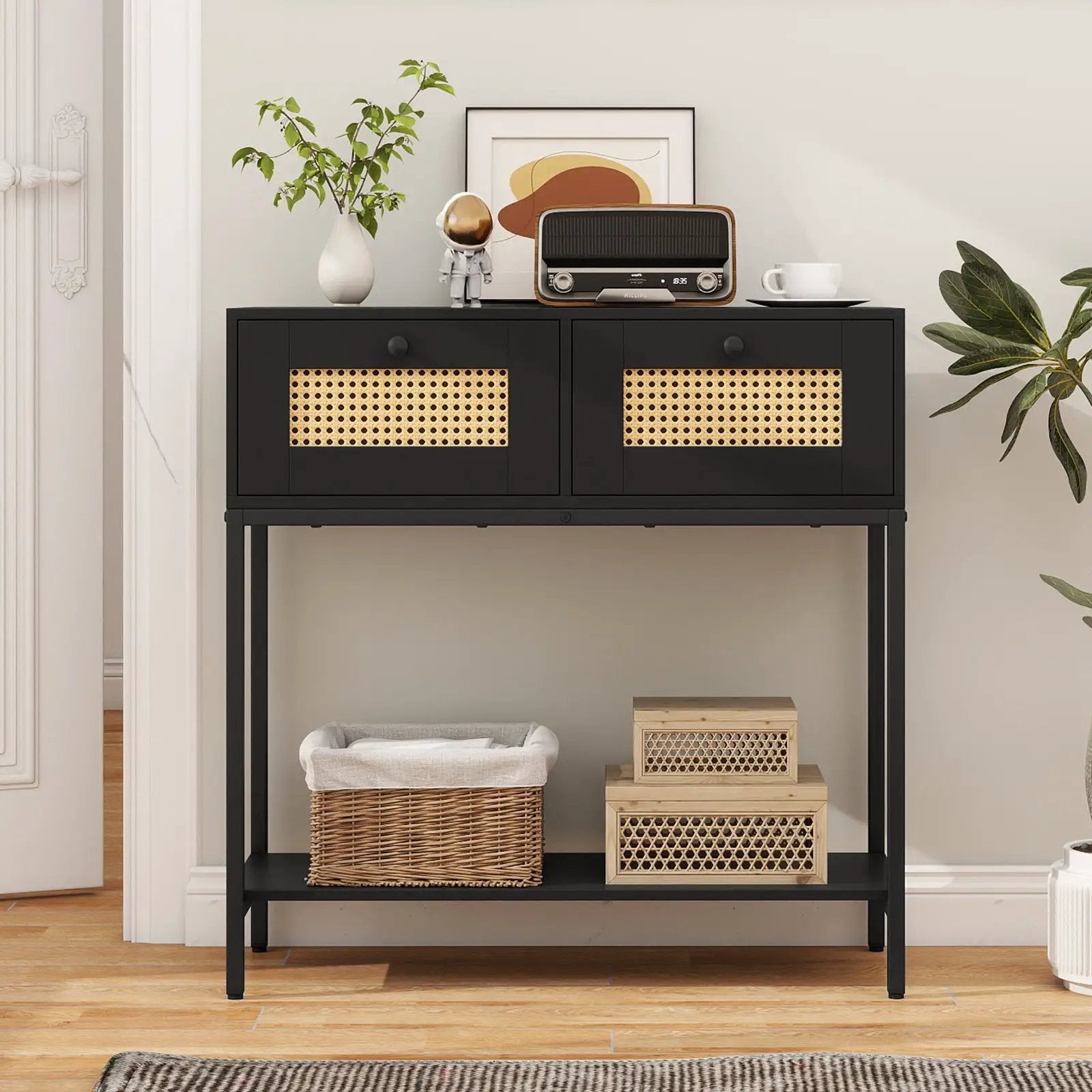 Rattan Console Table Boho Entryway Table with 2 Rattan Drawers and Open Storage Shelf by DirectDeals