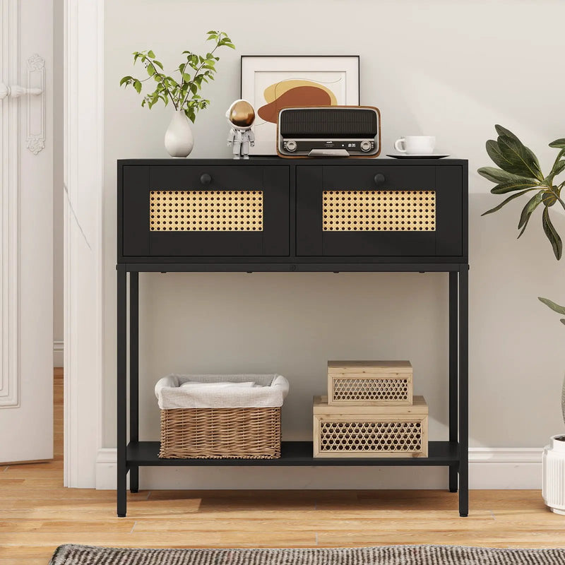 Rattan Console Table Boho Entryway Table with 2 Rattan Drawers and Open Storage Shelf by DirectDeals