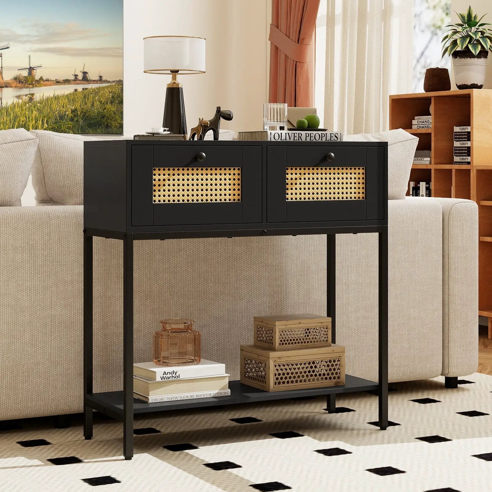 Rattan Console Table Boho Entryway Table with 2 Rattan Drawers and Open Storage Shelf by DirectDeals