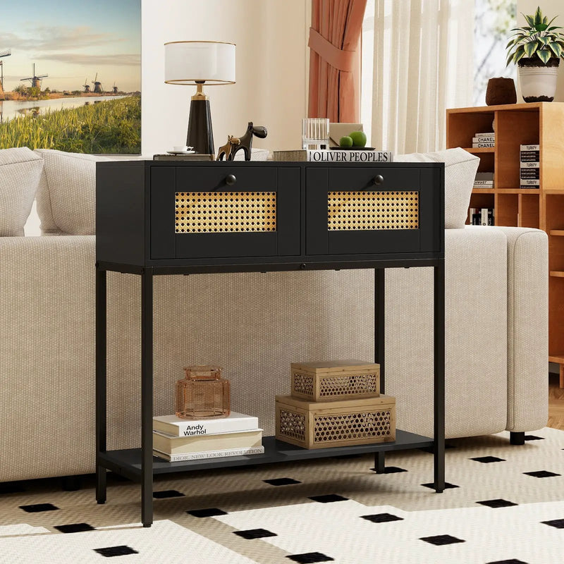 Rattan Console Table Boho Entryway Table with 2 Rattan Drawers and Open Storage Shelf by DirectDeals