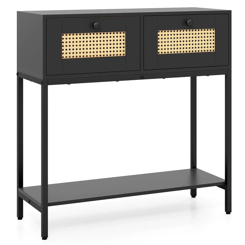 Rattan Console Table Boho Entryway Table with 2 Rattan Drawers and Open Storage Shelf by DirectDeals