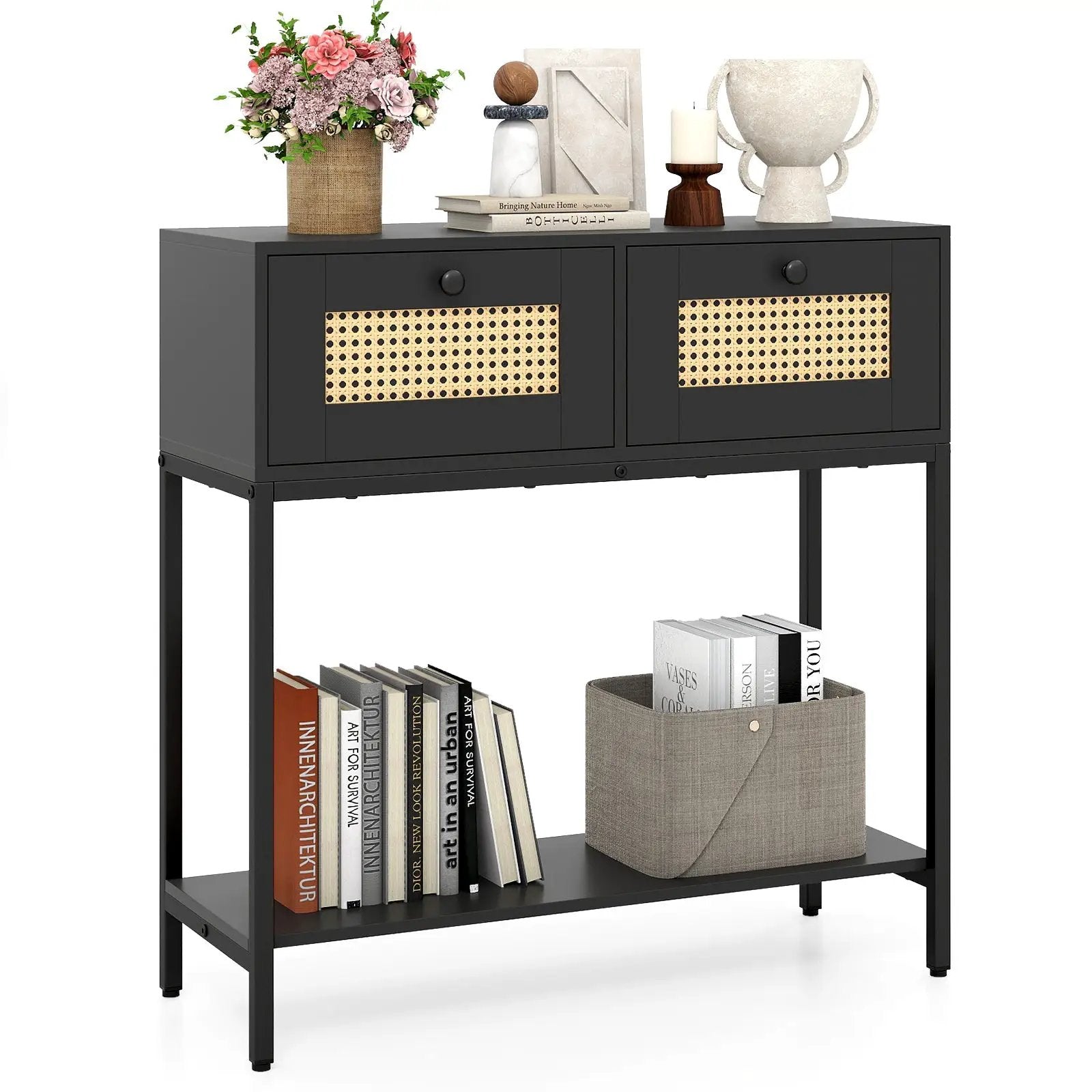 Rattan Console Table Boho Entryway Table with 2 Rattan Drawers and Open Storage Shelf by DirectDeals