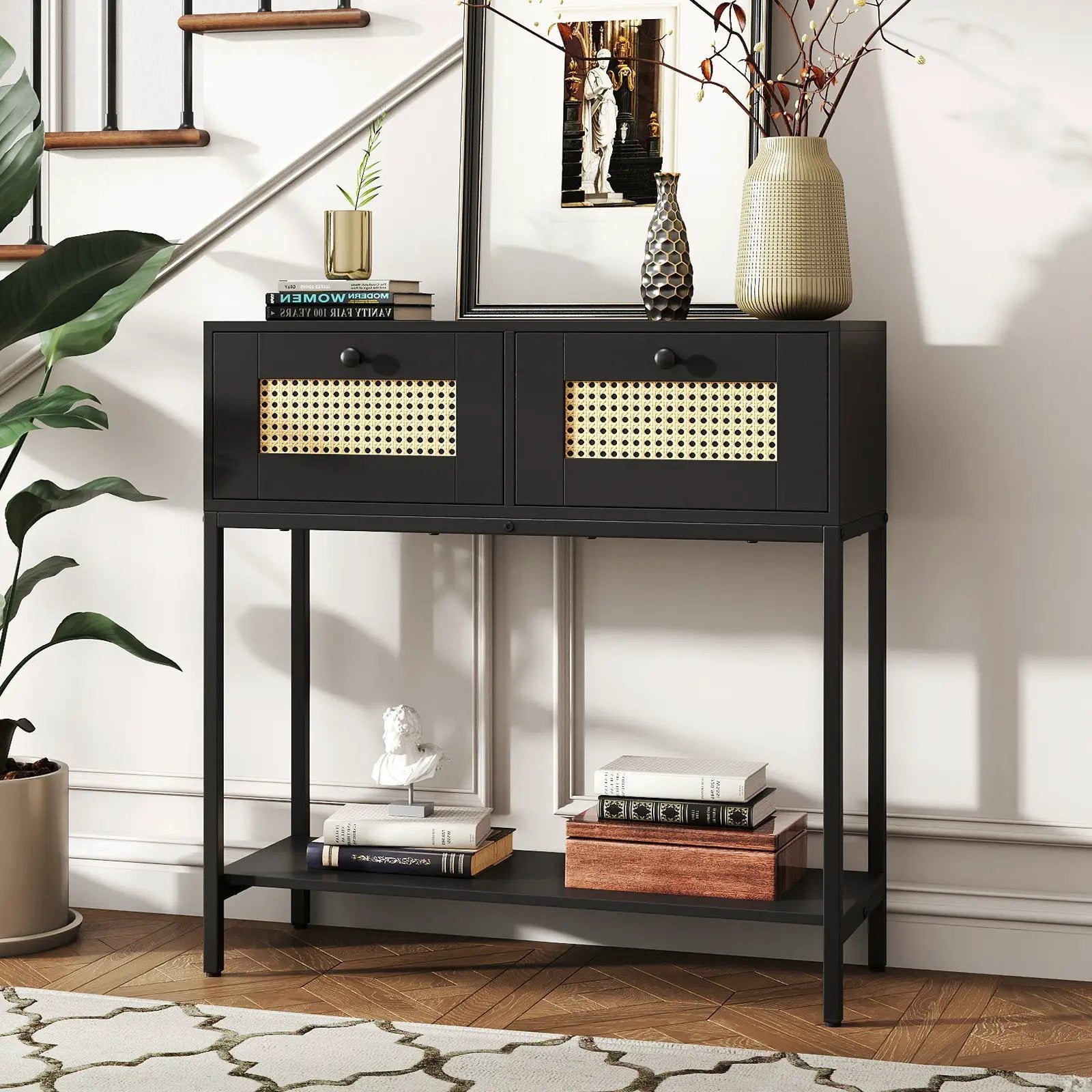Rattan Console Table Boho Entryway Table with 2 Rattan Drawers and Open Storage Shelf by DirectDeals