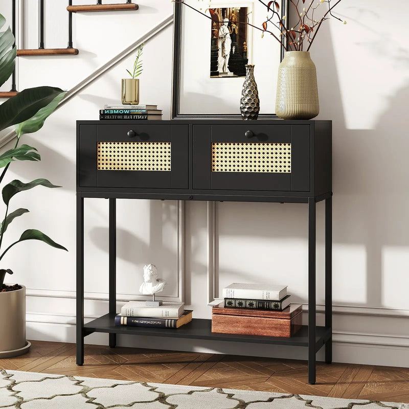 Rattan Console Table Boho Entryway Table with 2 Rattan Drawers and Open Storage Shelf by DirectDeals