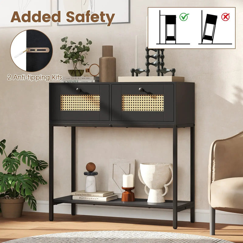 Rattan Console Table Boho Entryway Table with 2 Rattan Drawers and Open Storage Shelf by DirectDeals