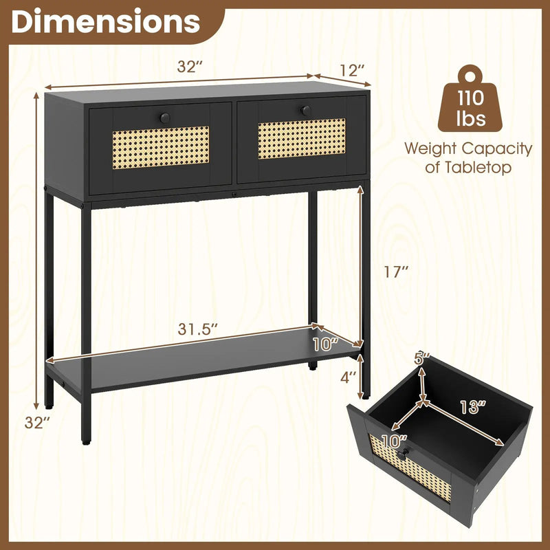 Rattan Console Table Boho Entryway Table with 2 Rattan Drawers and Open Storage Shelf by DirectDeals