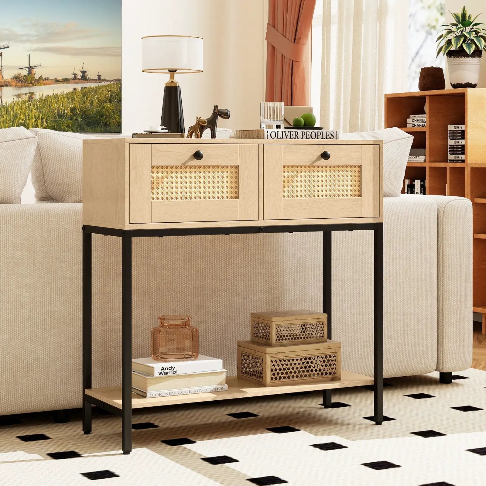Rattan Console Table Boho Entryway Table with 2 Rattan Drawers and Open Storage Shelf by DirectDeals