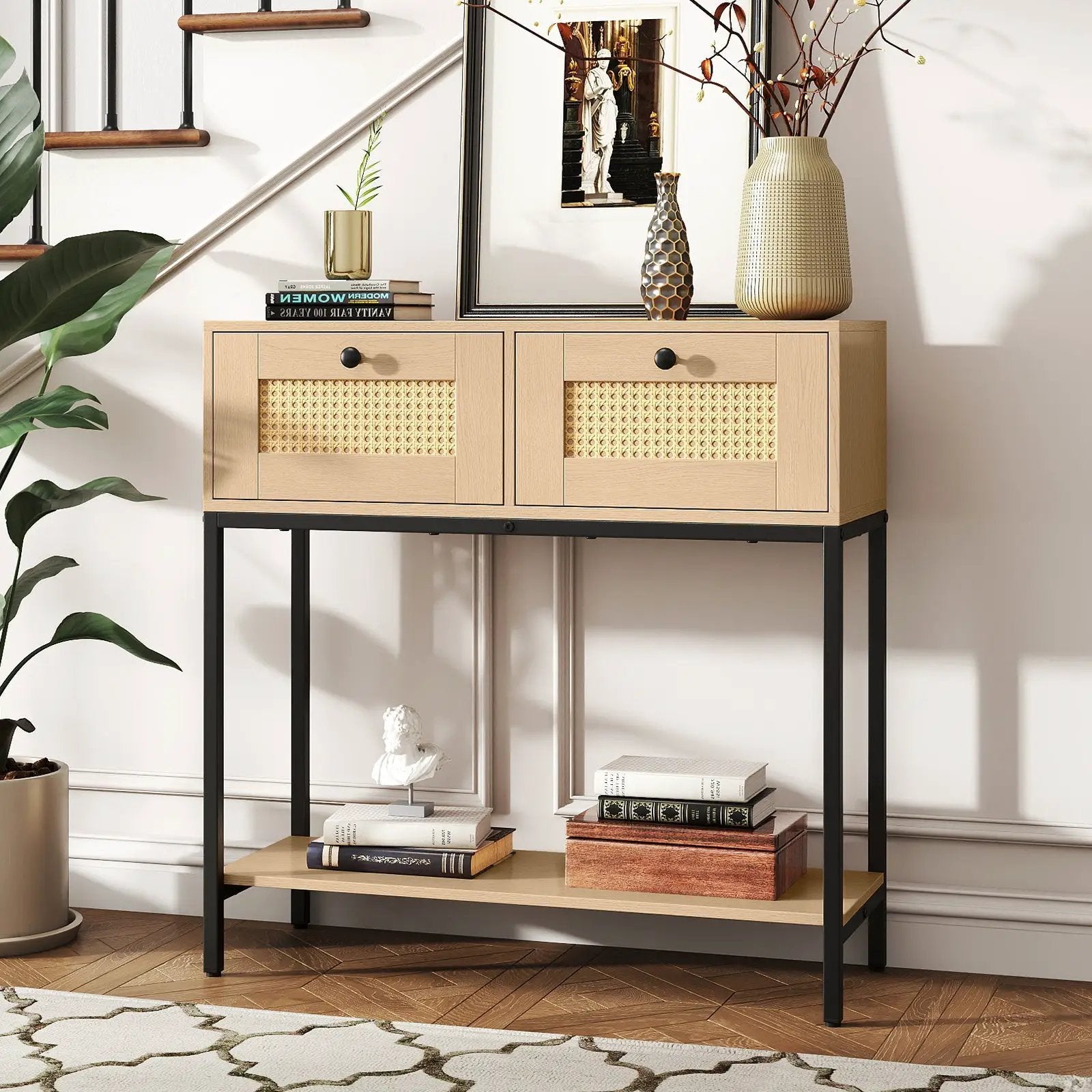 Rattan Console Table Boho Entryway Table with 2 Rattan Drawers and Open Storage Shelf by DirectDeals
