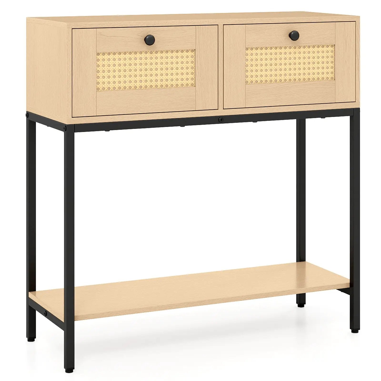 Rattan Console Table Boho Entryway Table with 2 Rattan Drawers and Open Storage Shelf by DirectDeals