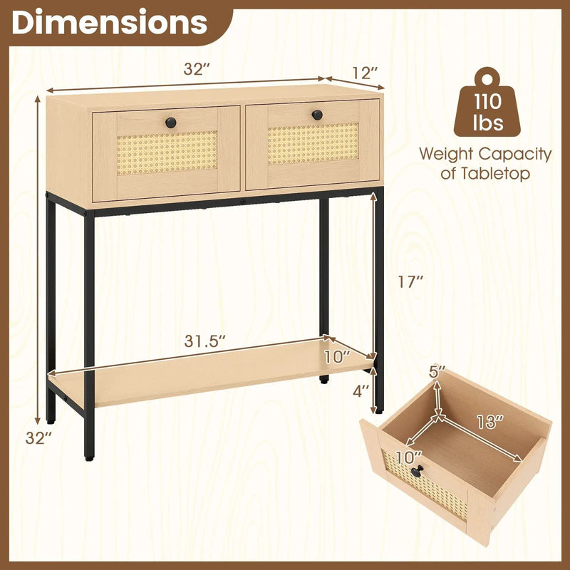 Rattan Console Table Boho Entryway Table with 2 Rattan Drawers and Open Storage Shelf by DirectDeals