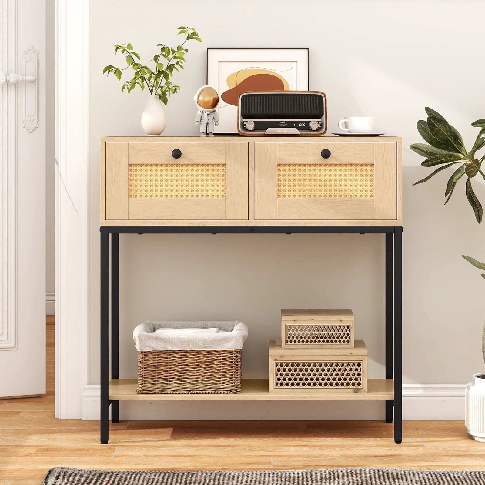 Rattan Console Table Boho Entryway Table with 2 Rattan Drawers and Open Storage Shelf by DirectDeals