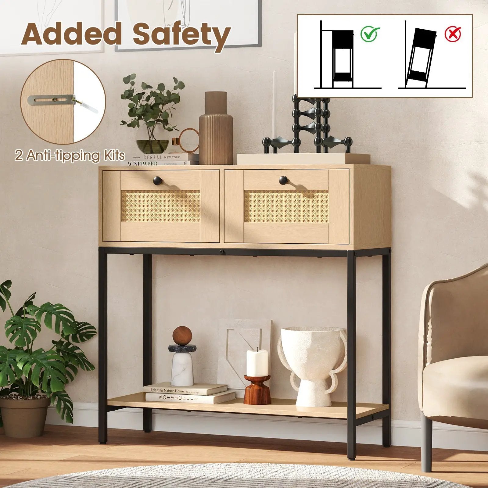 Rattan Console Table Boho Entryway Table with 2 Rattan Drawers and Open Storage Shelf by DirectDeals