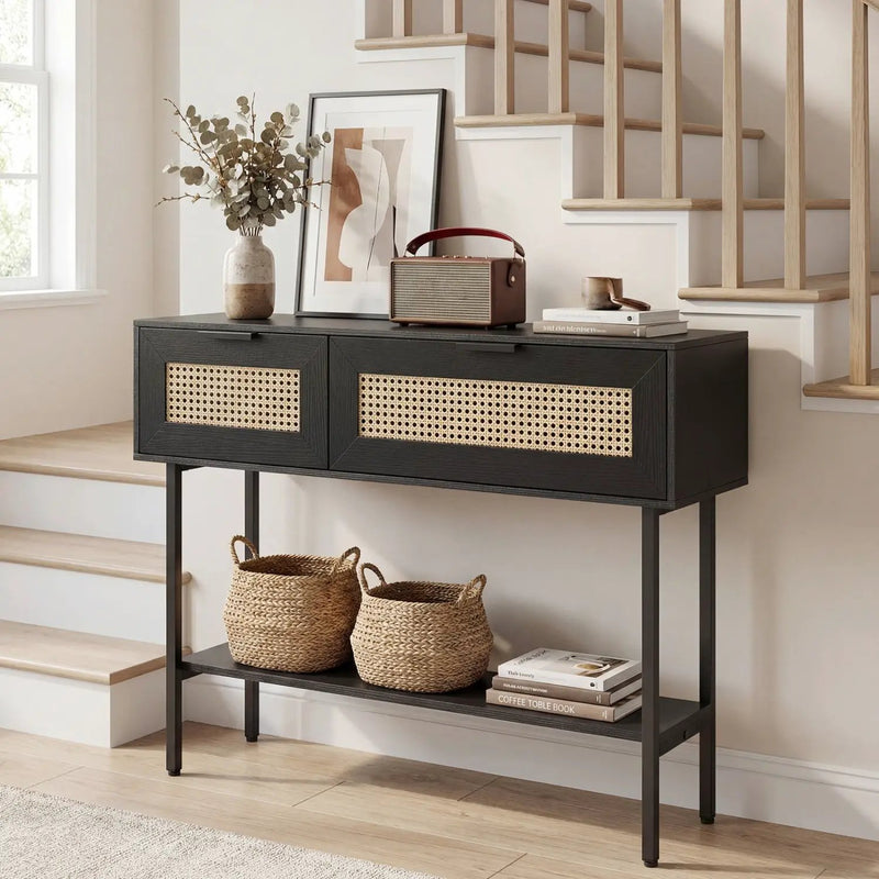 Rattan Console Table with 2 Storage Cabinets Shelf Carbon Steel Frame by DirectDeals