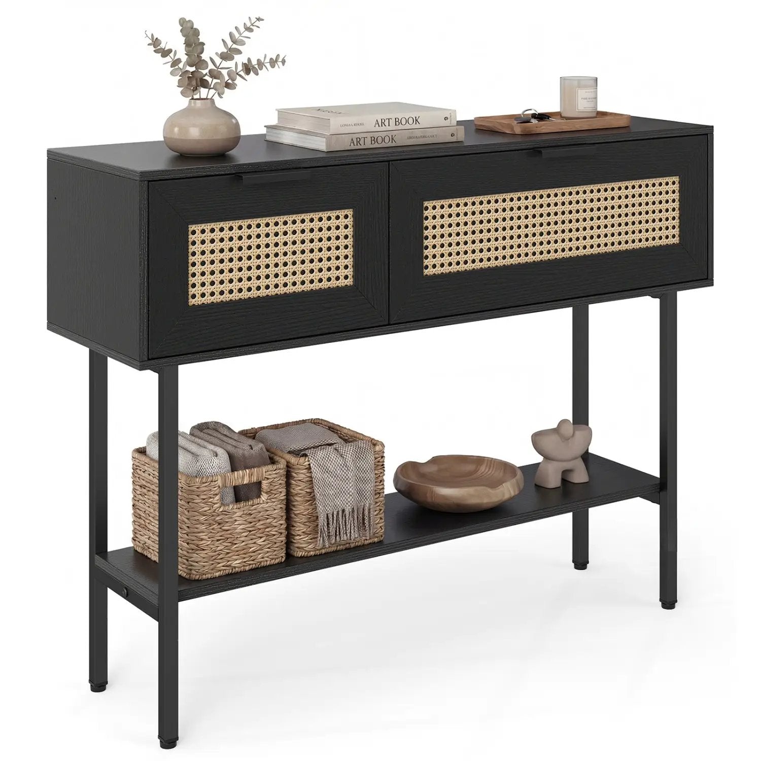 Rattan Console Table with 2 Storage Cabinets Shelf Carbon Steel Frame by DirectDeals