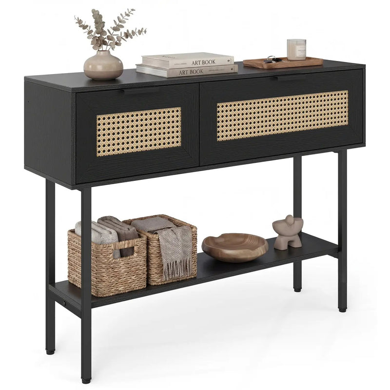Rattan Console Table with 2 Storage Cabinets Shelf Carbon Steel Frame by DirectDeals